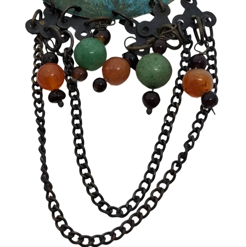 Vintage Verdigris Copper & Gemstone Statement Earrings - Carnelian Aventurine
